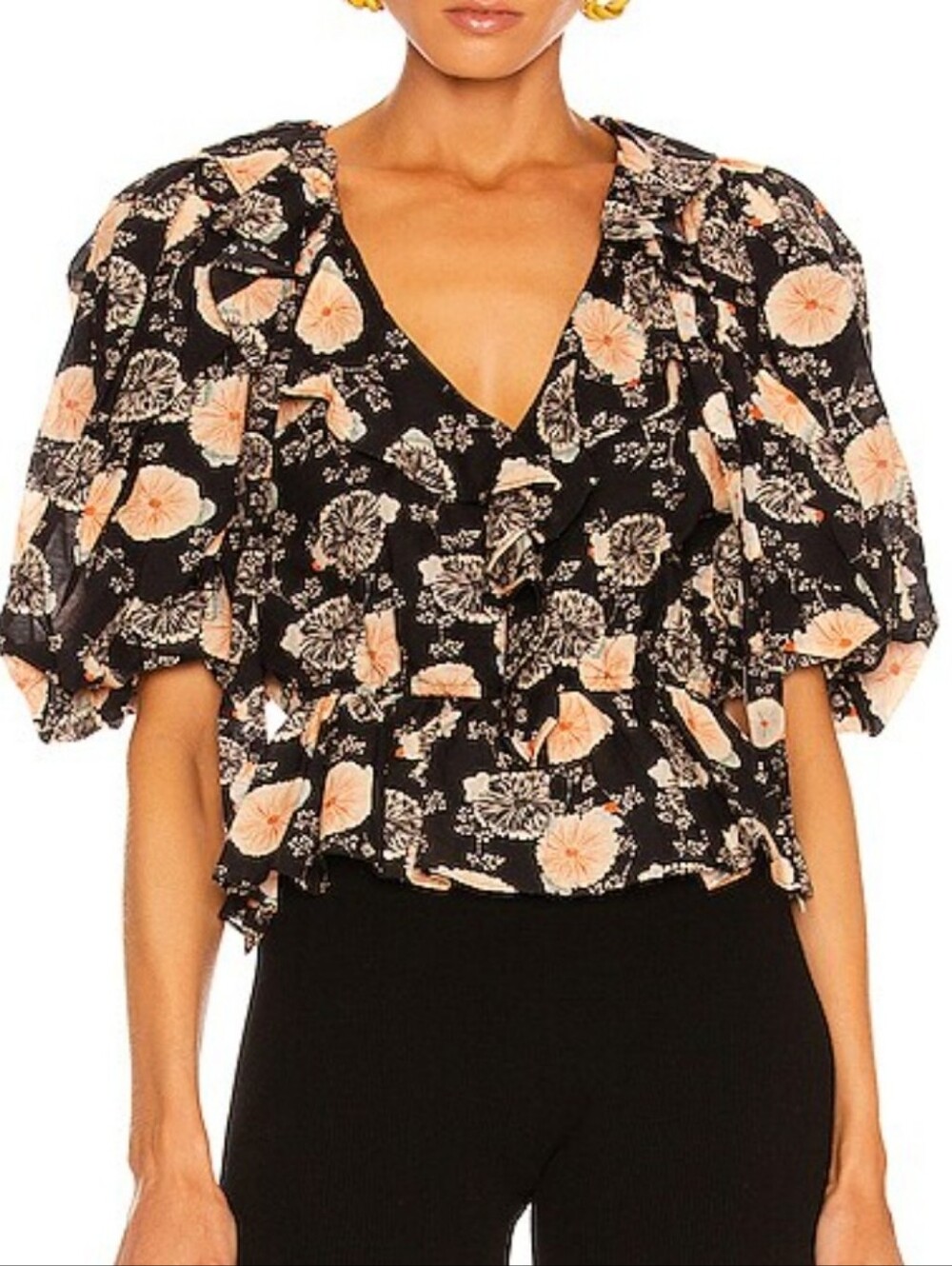 ULLA JOHNSON Nadya Noir Floral Blouse 2 Black Ruffle Short Sleeve
